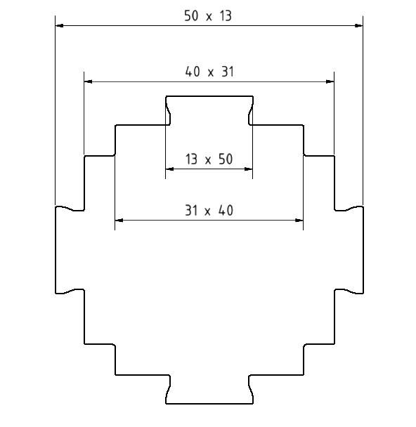Teknisk tegning af en komponent med flere trappefacetterede kanter og dimensioner: 50 x 13, 40 x 31, 13 x 50, 31 x 40.
