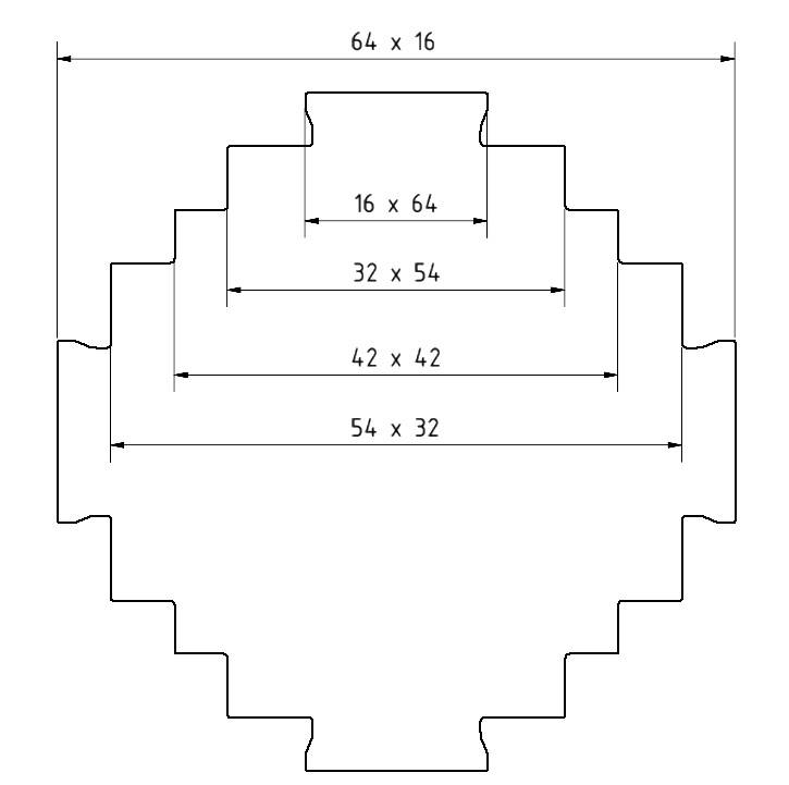 Diagram over en trappeprofil med markerede dimensioner: '64 x 16', '16 x 64', '32 x 54', '42 x 42', '54 x 32'.