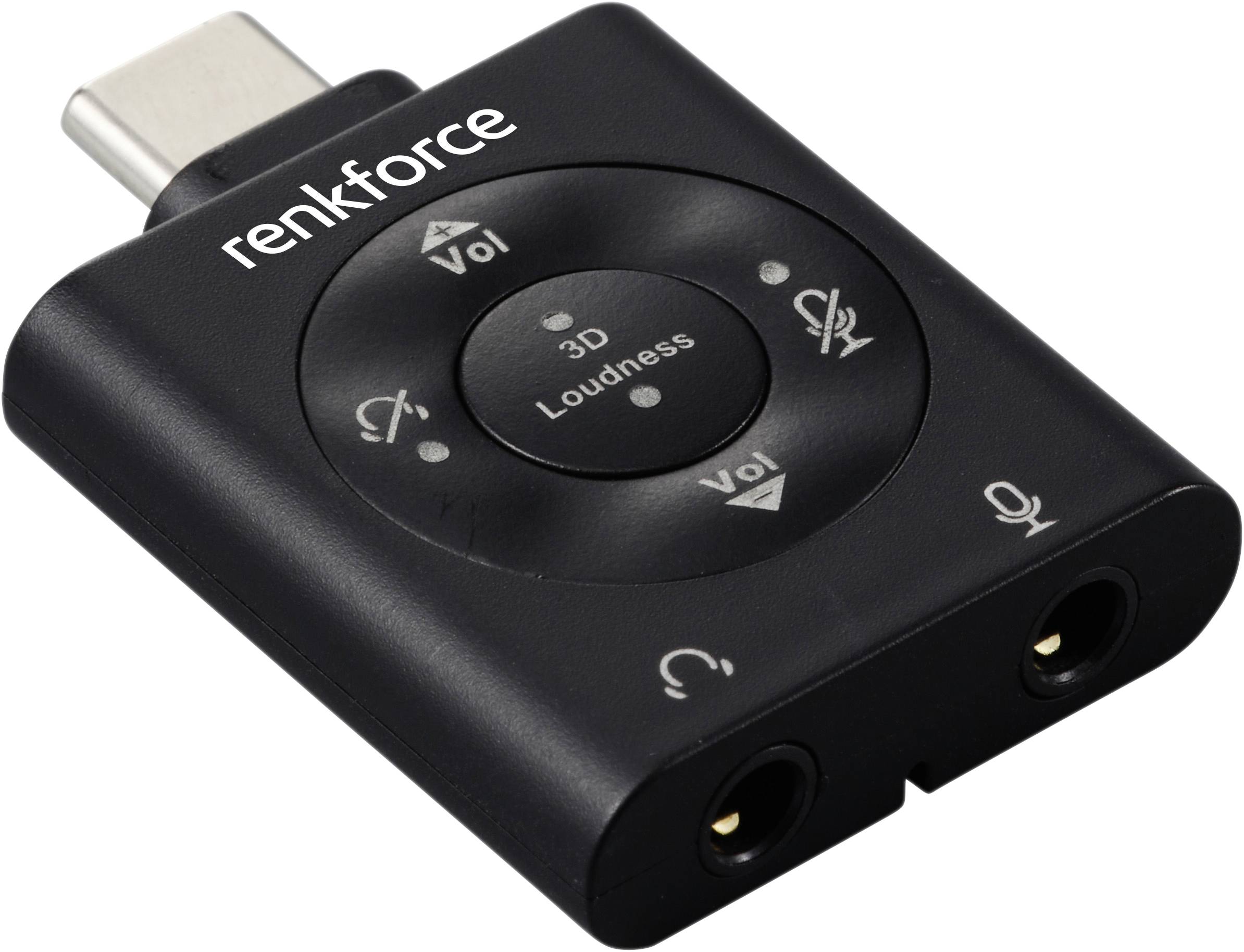 Ekstern USB-lydkort fra Renkforce med volumenkontrol og mikrofonmute. Stik til hovedtelefoner og mikrofon.
