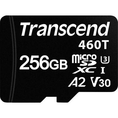 Et sort Transcend microSD-kort med påskrifterne '256GB', '460T', 'microSD XC I UHS-I U3', 'A2', 'V30' i hvid skrift.