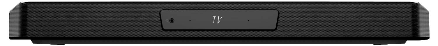 Sort kompakt soundbar, frontal visning med minimalistisk design og central betjeningstast.