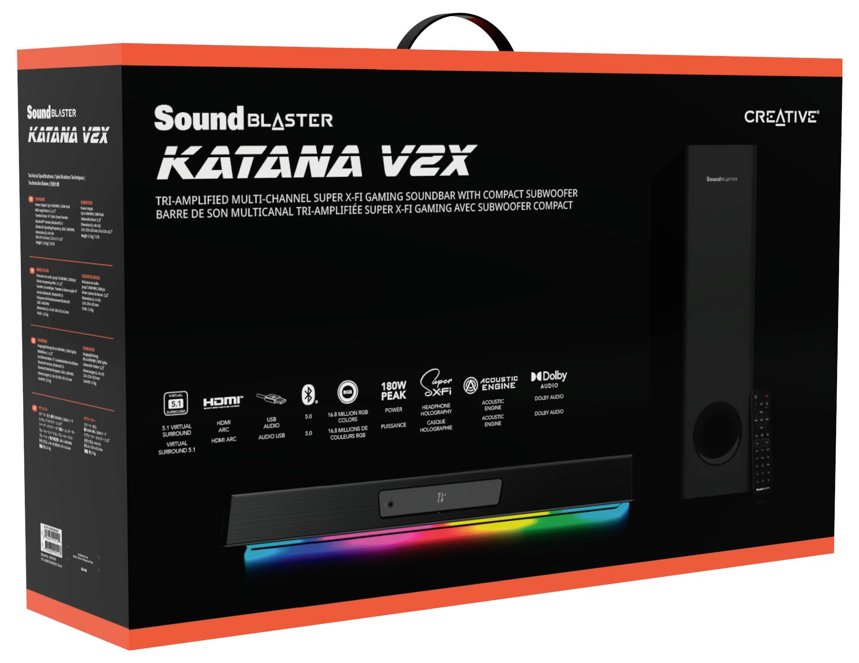 Emballage til en 'Sound Blaster Katana V2X' soundbar fra Creative, med flerfarvet lysbjælke, kompakt subwoofer og tilslutningsdetaljer.