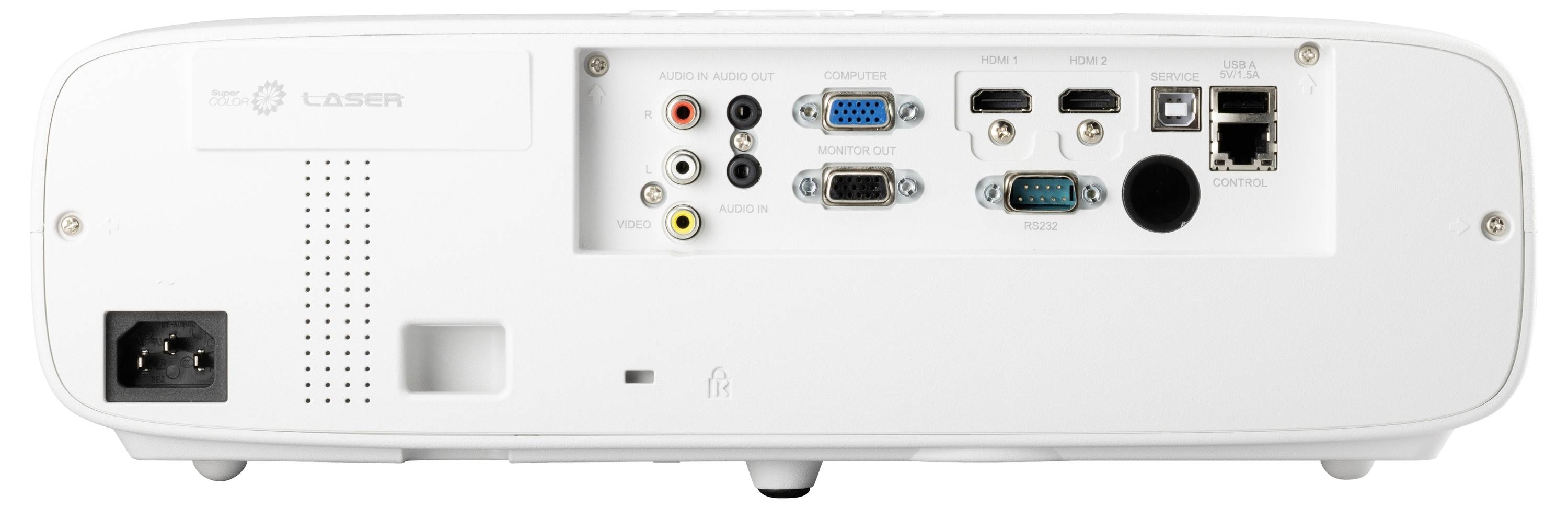 Projektoren viser bagsiden med stik: VGA, HDMI, Ethernet, lyd ind- og udgange, USB. Velegnet til multimedietilslutninger.