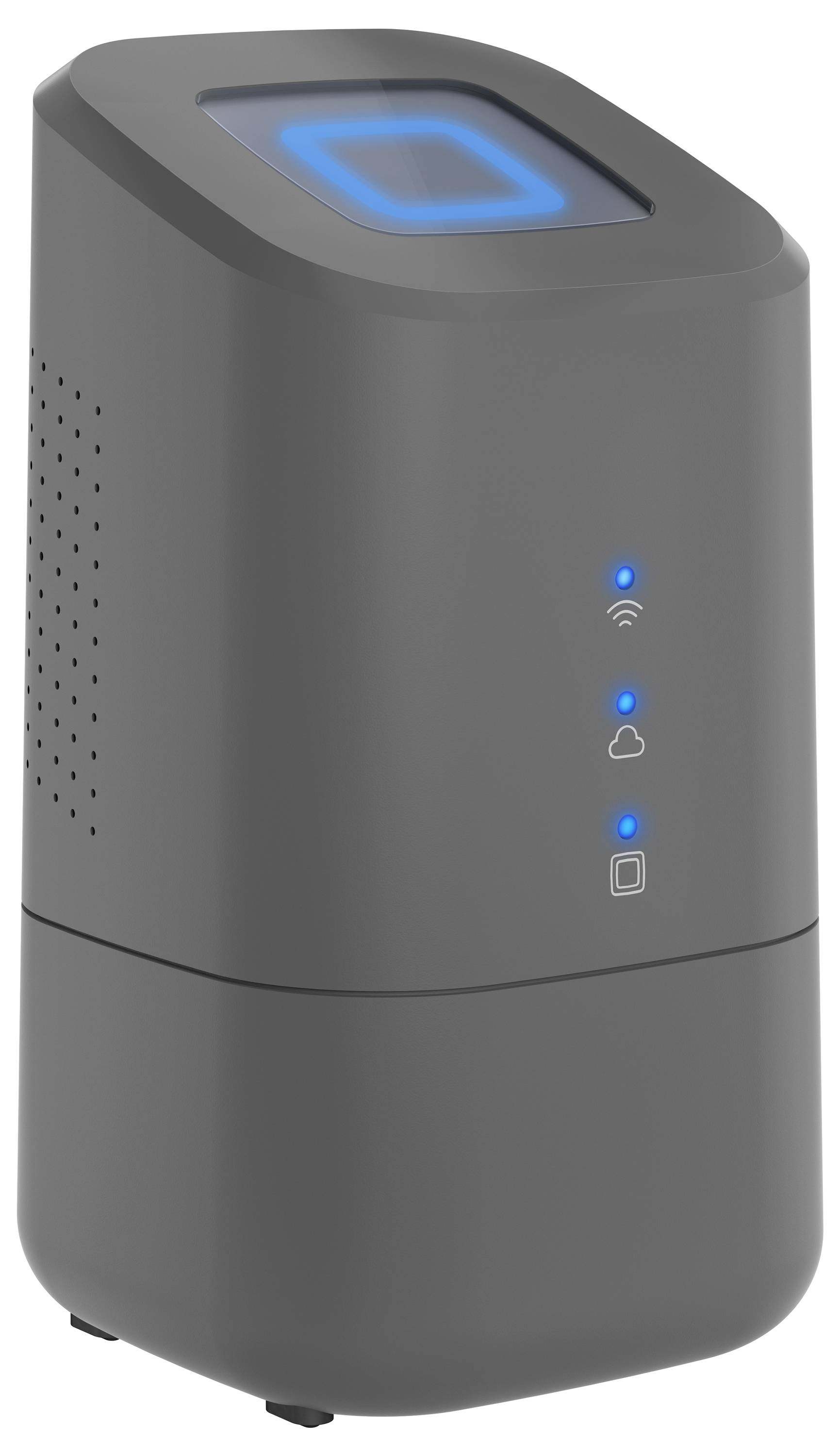 Grå WLAN-router med blå LED-indikator øverst og tre symbol-LED'er foran, som viser konnektivitet og status.