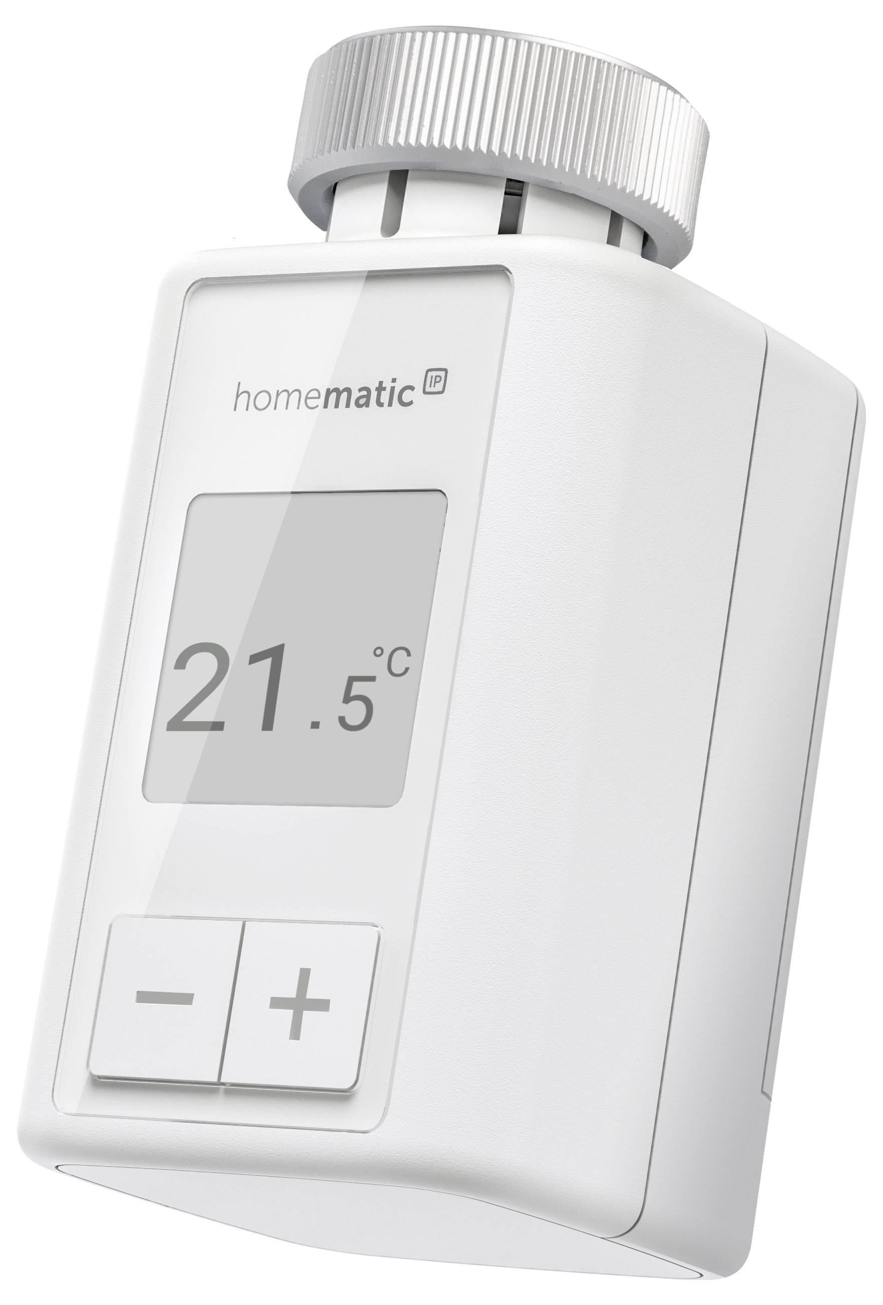 Elektronisk termostat med display viser 21,5 grader celsius. Mærket med 'homematic'. Knapper til temperaturregulering nedenunder.