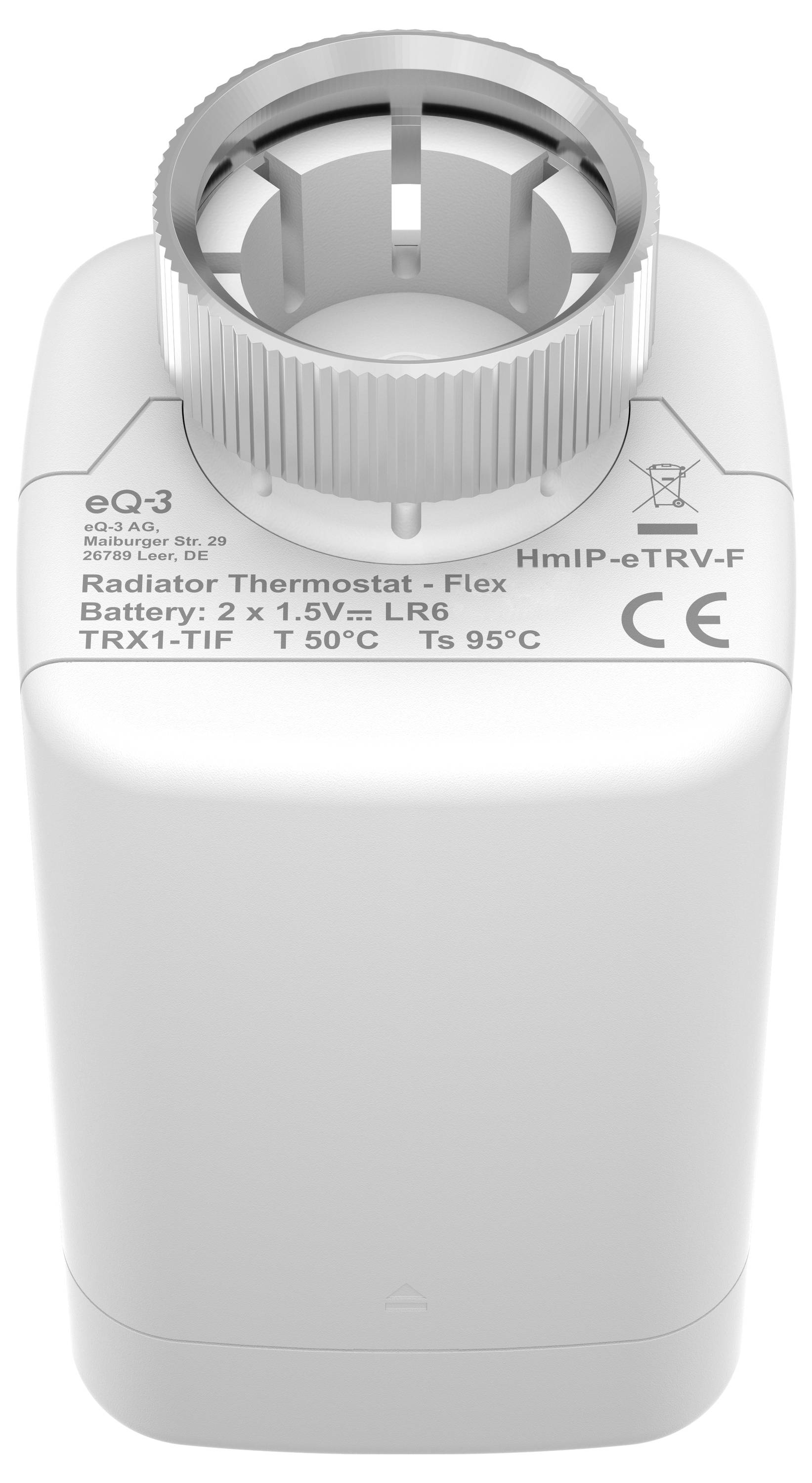 Elektronisk radiatortermostat med temperaturregulering, model 'Radiator Thermostat - Flex'. Batterirummet er synligt.