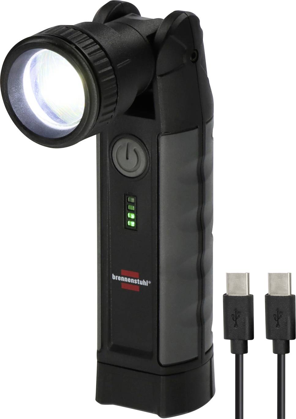 Sort håndholdt LED-lommelygte med drejelig hoved, tænderknap, batteriindikator og to USB-opladningskabler vist ved siden af den.