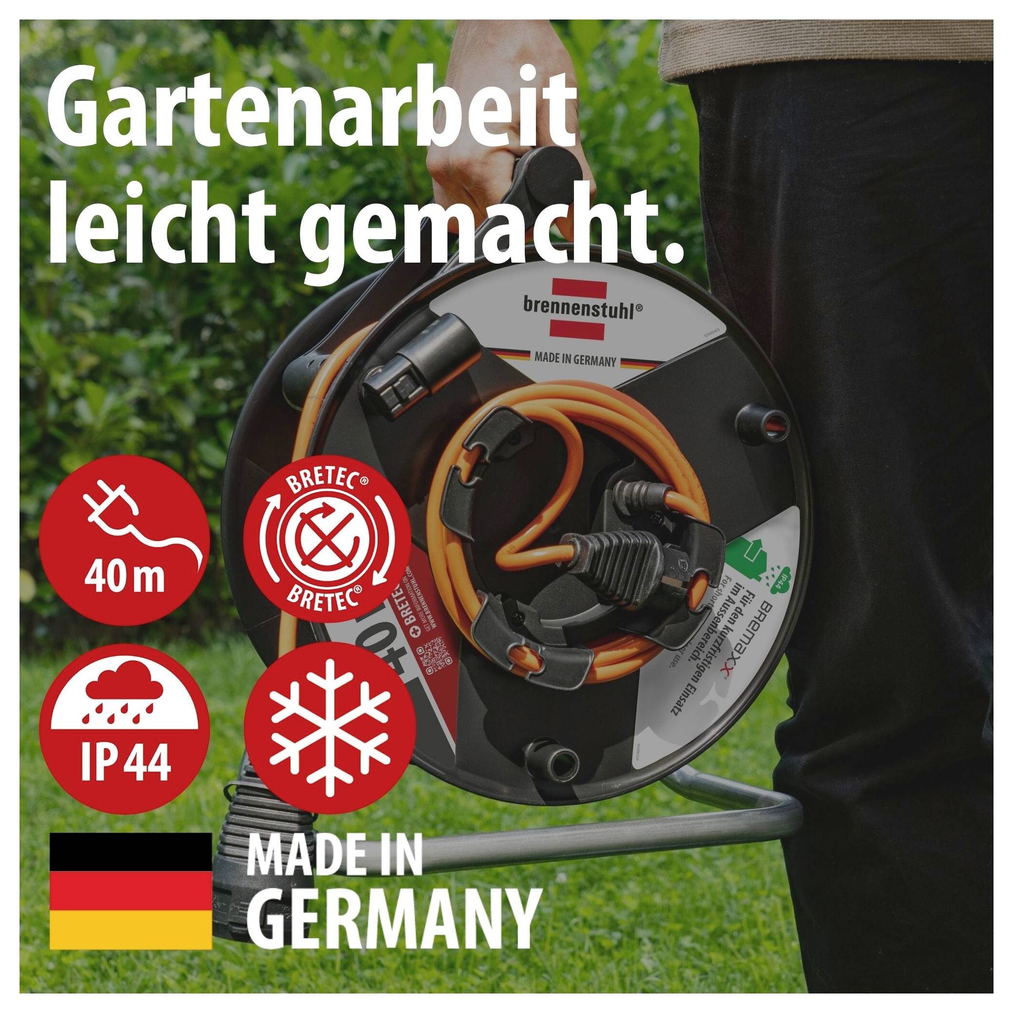 Annonceillustration af en kabeltrommle i haven med teksten 'Havearbejde letgjort.', 40 m, IP44, BRETEC, 'Made in Germany'.