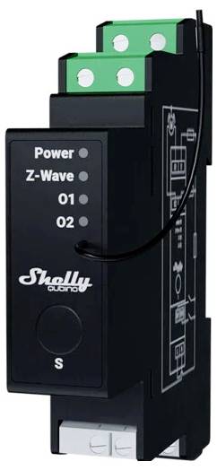 Et sort elektrisk modul med påskriften 'Shelly'. LED'er er synlige for 'Power', 'Z-Wave', 'O1' og 'O2'. Ledning til tilslutning.