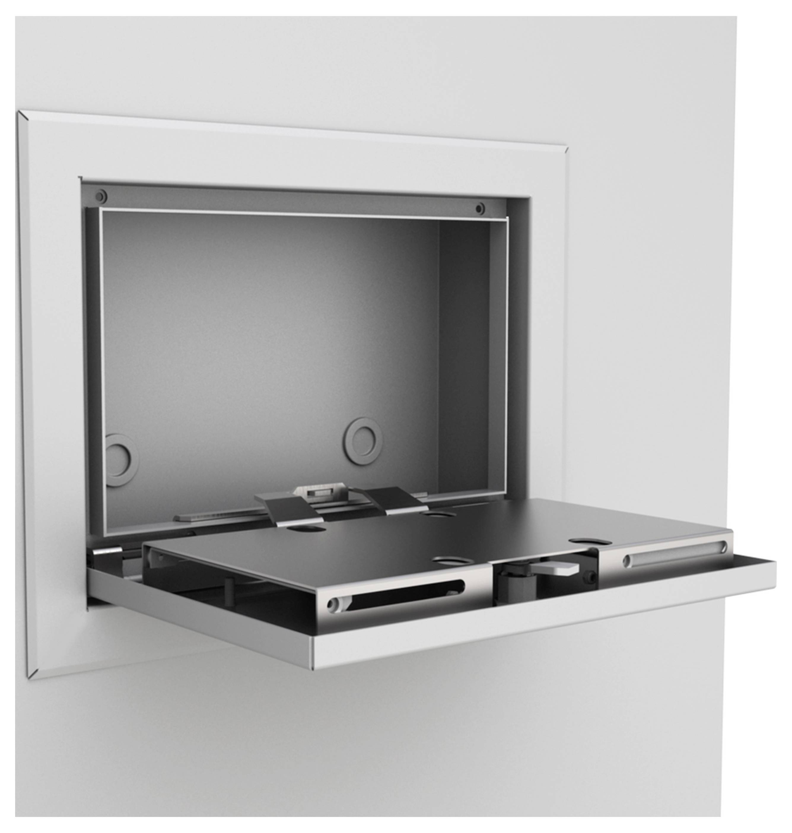 Et rektangulært vægmonteret skab med foldbar klap, egnet til tekniske enheder eller kabeladministration, i moderne metalfinish.