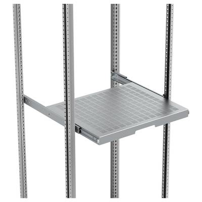 Et gråt metalreol, monteret på skinner, i et serverrack.