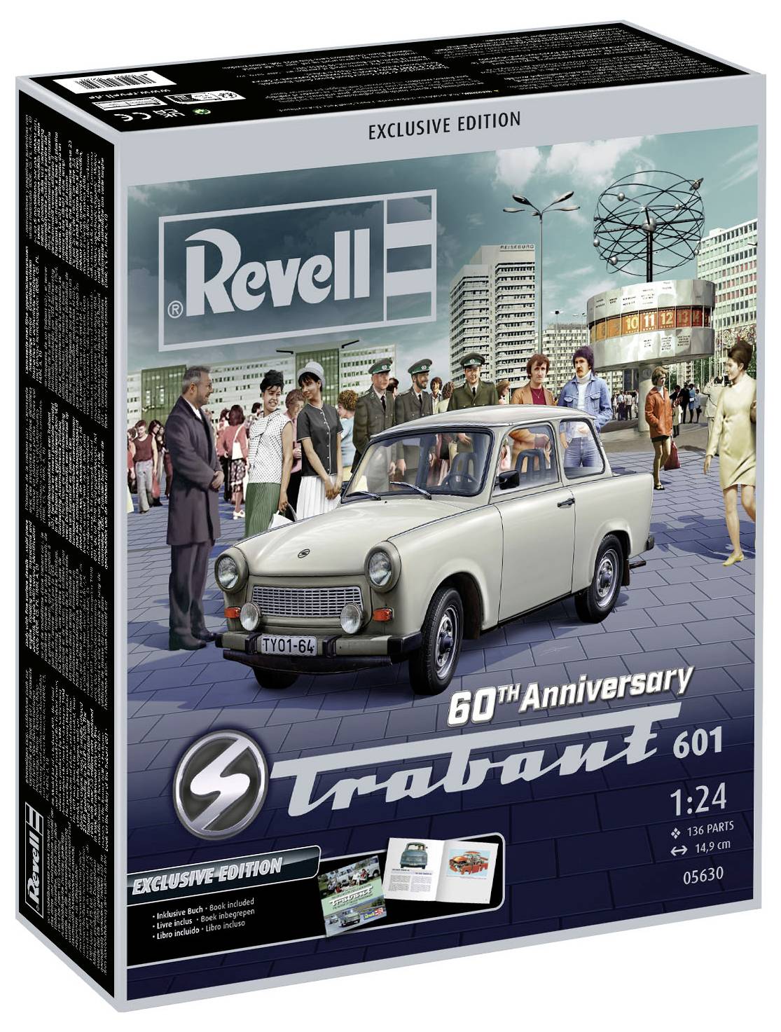 Revell modelbyggesæt af Trabant 601 til 60-års jubilæet. Emballagen viser bilen i en bybaggrund typisk for DDR-perioden.