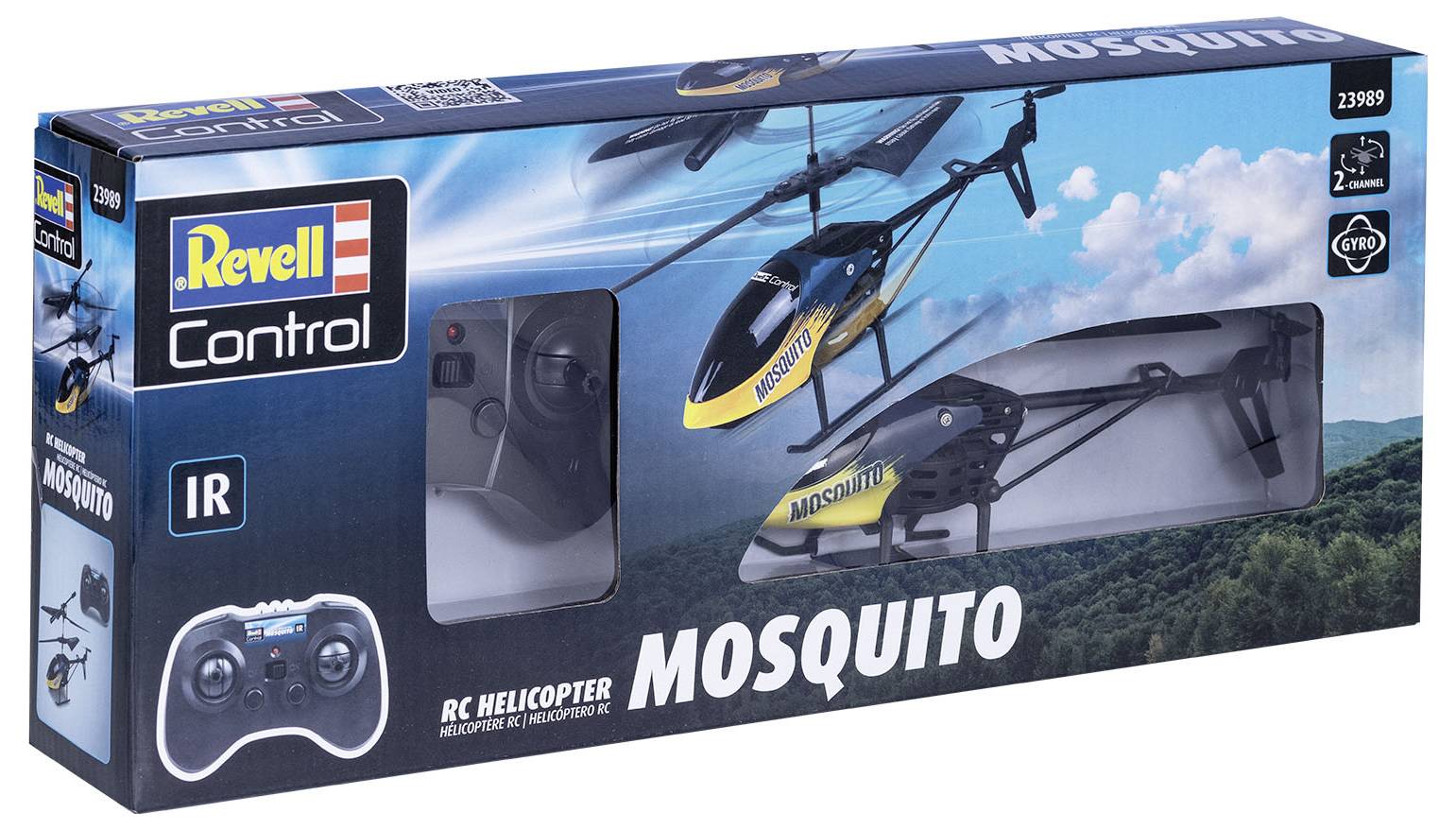 Legetøjsemballage til 'Revell Control Mosquito' RC-helikopter, viser et billede af modellen og indeholder en fjernbetjening.