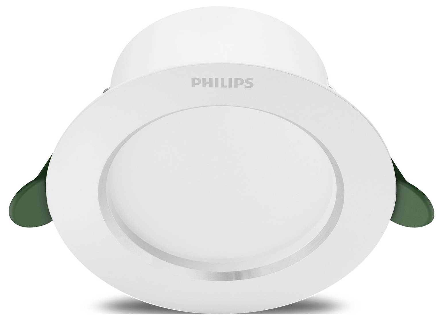 Rundumlicht fra PHILIPS, LED-loftslampe i hvid, velegnet til installation i boligområder, med grønne clips i siderne.