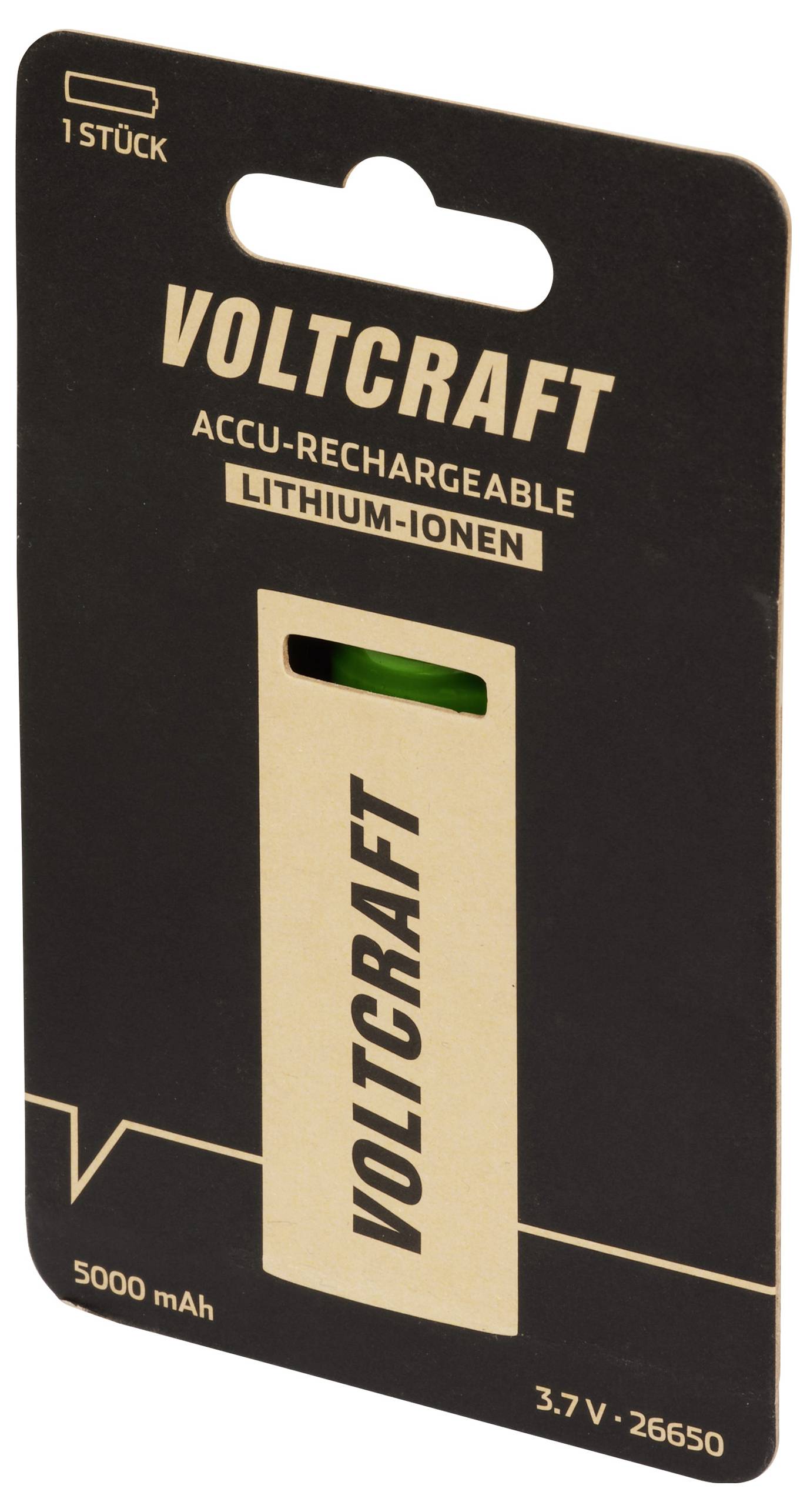 En sort emballage med påskriften 'Voltcraft', som indeholder et lithium-ion batteri med kapacitet på 5000 mAh og spænding på 3,7 V.