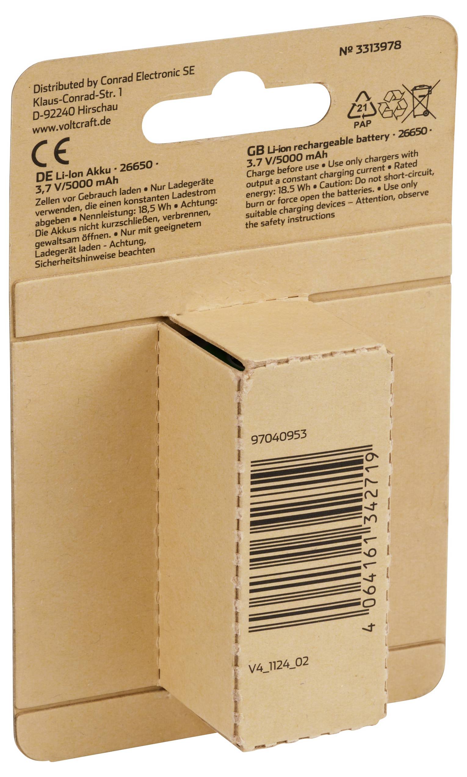 Emballage til et Li-ion batteri. På bagsiden ses producentoplysninger og sikkerhedsinstruktioner på dansk og engelsk.