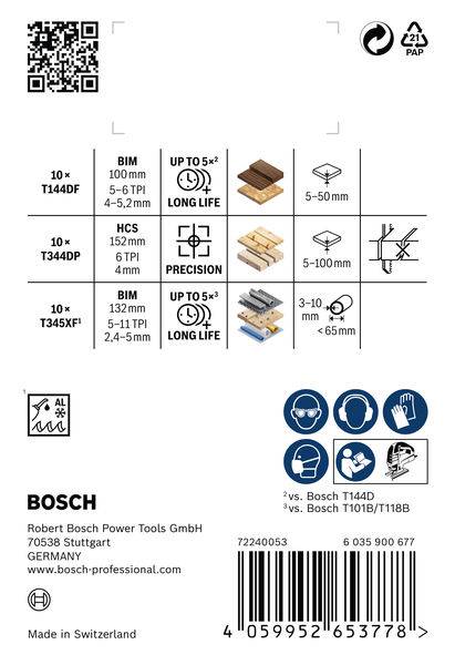 Produktemballage til Bosch-savklinger, viser tre typer: T144DF, T344DP, T345XF, egnede til træ, med symboler for anvendelsesformål.