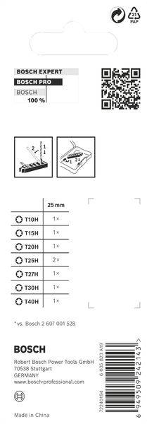 Emballagens bagside med QR-kode, Bosch-logo, værktøjsinformationer til bitssæt T10H til T40H, hver 1 styk, 25 mm lange.