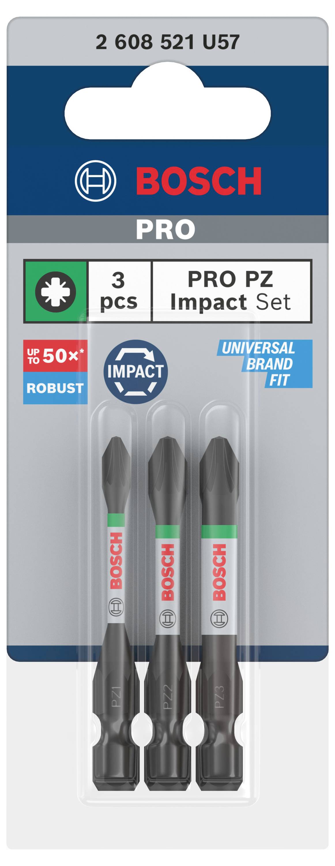 Tre Bosch PRO PZ Impact Bits i emballage. Egnet til forskellige mærker, robust og designet til kraftig brug.