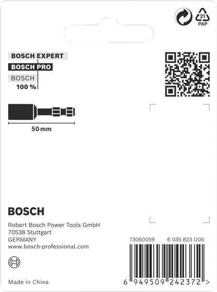 Bagsiden af en produktemballage med Bosch-logo, stregkode, QR-kode og et diagram, der viser en 50 mm bit.