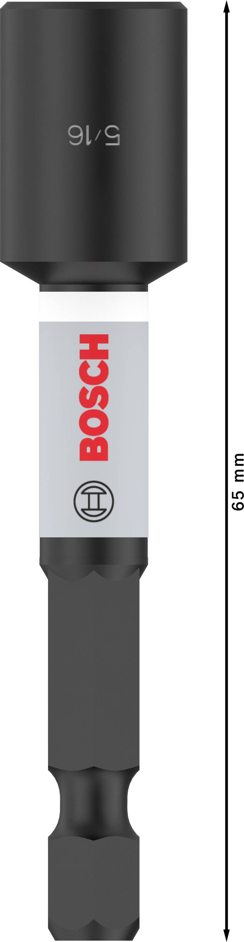 Vist er et sekskantigt magnetisk skruetrækkerbid fra Bosch, længde: 66 mm, med et 9/16-tomme skruehoved.