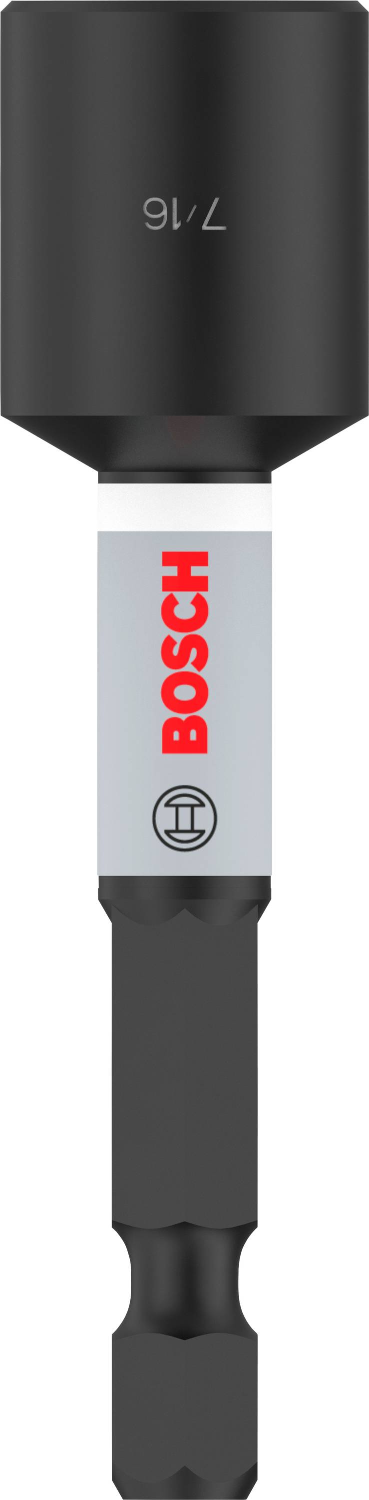 Sort borebor med påskriften '7/16', nedenunder navnet 'Bosch' på hvid baggrund.
