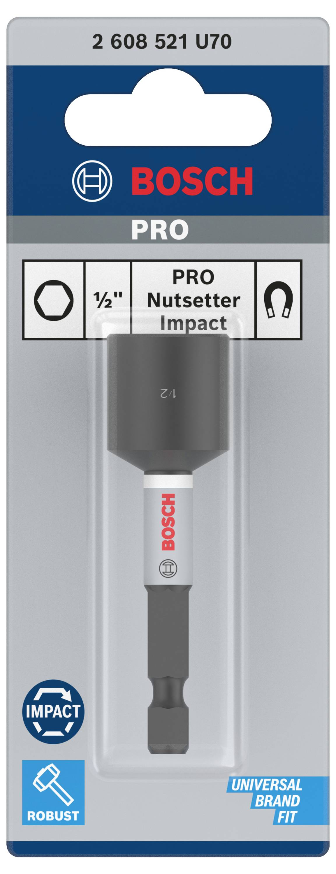 'Bosch PRO Slagstop Impact' i emballage, halvtommestørrelse, viser robusthed og universel mærkeudrustning.