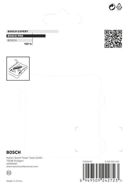 Etiket til et Bosch-produkt; indeholder 'Bosch Expert Bosch Pro', QR-kode, stregkode og produktionsinformationer; produktbillede øverst til venstre.
