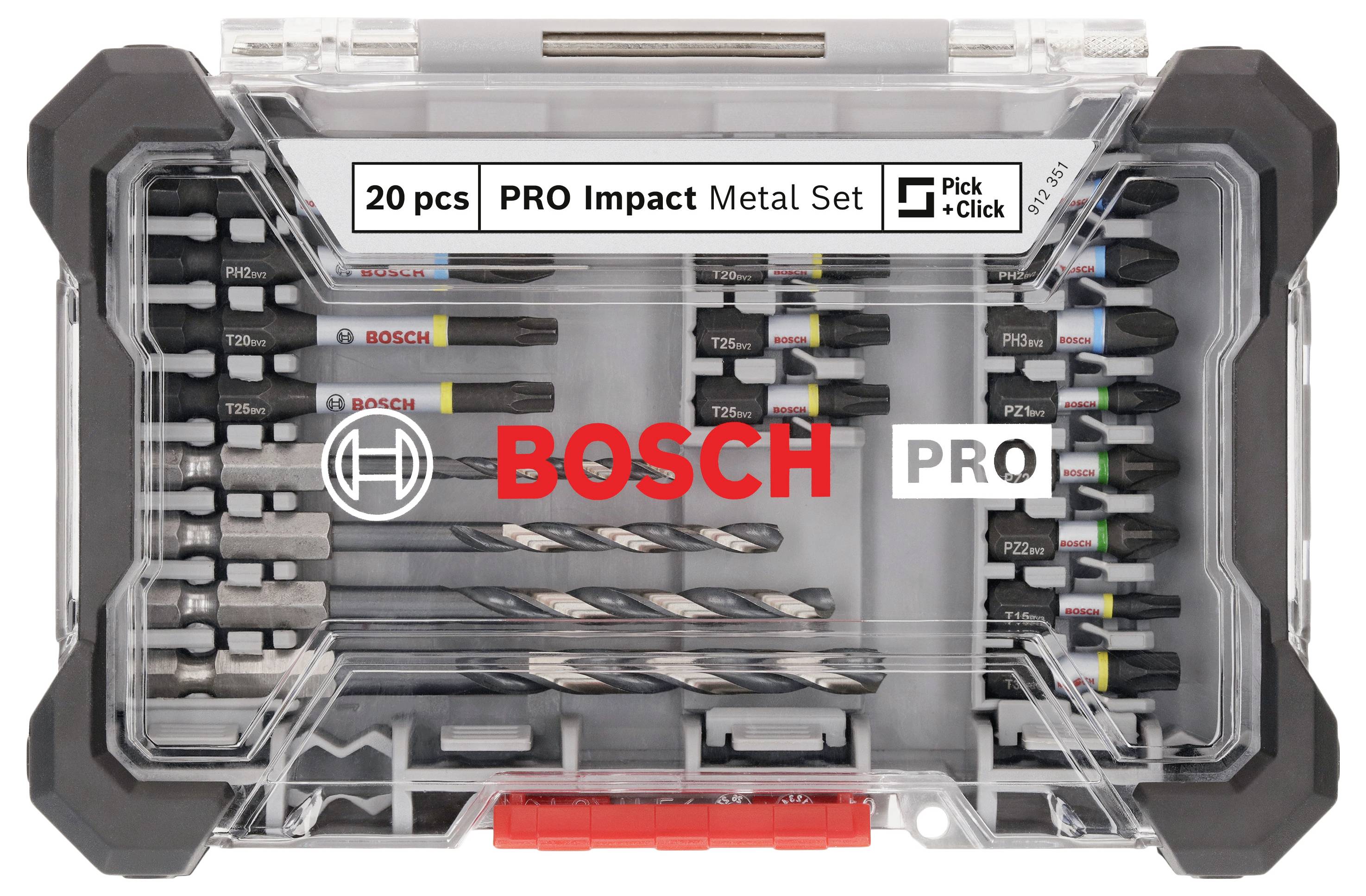 'BOSCH PRO Impact Metal Sæt': Opbevaringsboks med 20 dele, herunder bor og bits. Boksens etiket 'Pick + Click'.