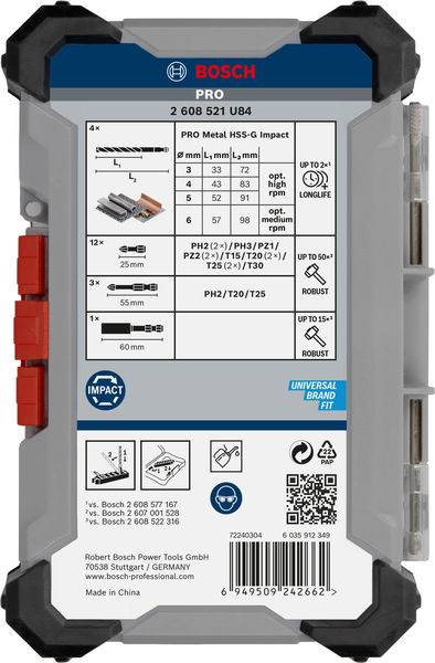 Boks med Bosch PRO Metal HSS-G Impact Bor- og Bit-sæt. Indeholder detaljer om størrelse, anvendelsesmuligheder og kompatible materialer.
