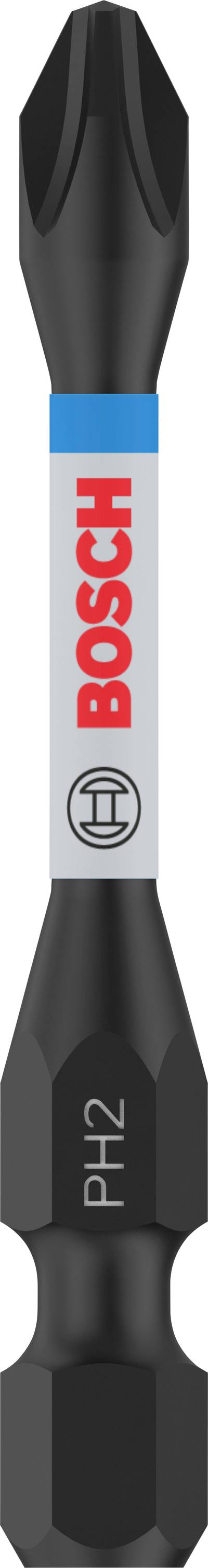 Bosch PH2 Bit: Dobbeltsidet skruebit med 'Bosch'-mærkelogo. Velegnet til PH2-skruer. Robust design til håndværkerbrug.