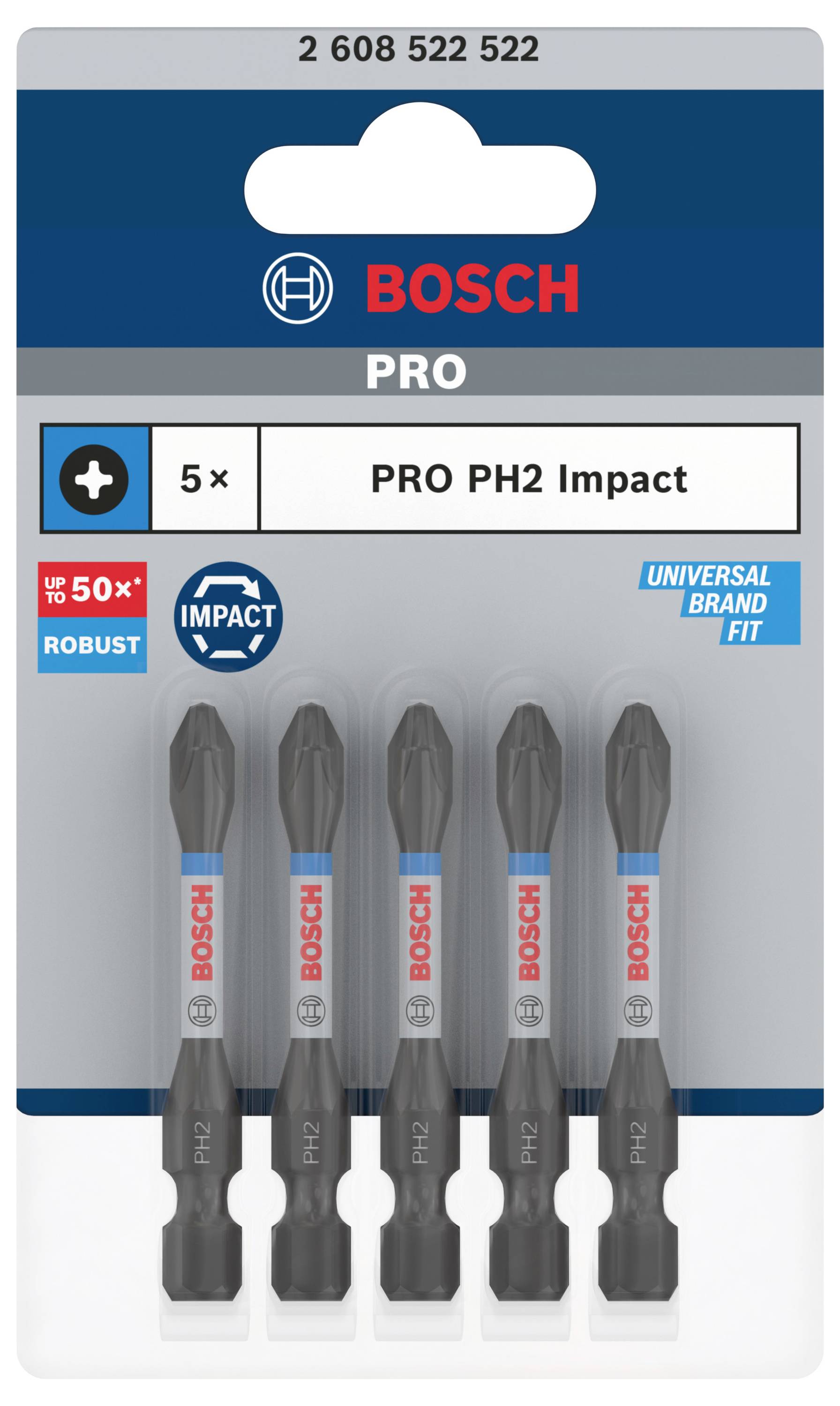 Fem Bosch PRO PH2 slagskruer-bits i emballage, egnet til robuste anvendelser op til '50x Impact' og universel mærkepasform.