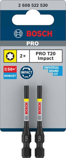 To Bosch PRO T20 skruebits til kraftig brug vises. Emballagen fremhæver 'op til 50x mere robust', som passer til universelle mærker.