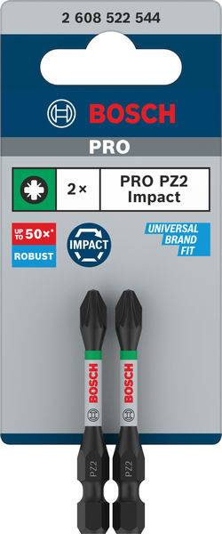 'Bosch PRO PZ2 Impact' skruebits, 2 stk., til robust brug. Emballagen viser produktnavn og varemærkelogo.