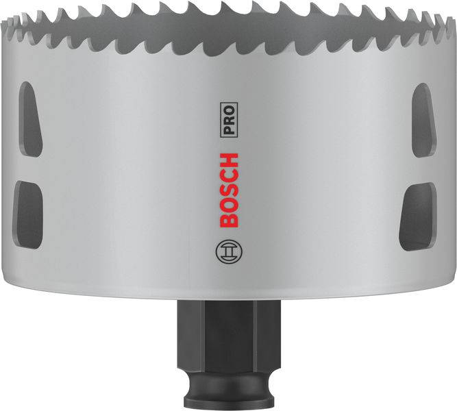 Bosch metalbordsav i sølvfarve, med tandet skærekant og fæste til boremaskine. Velegnet til præcise boropgaver.