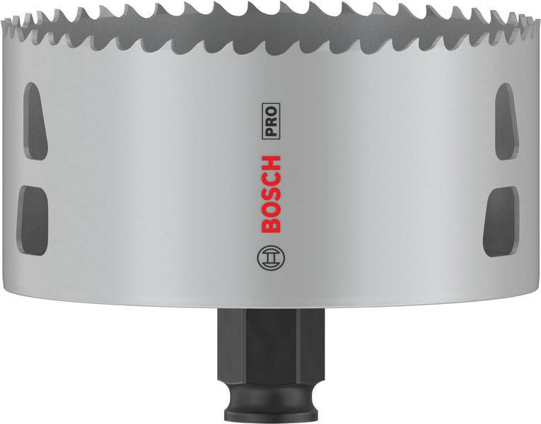Grå Bosch hulsav med savtakket skærekant og sort sekskantskaft til professionelle bore- og savningsopgaver.