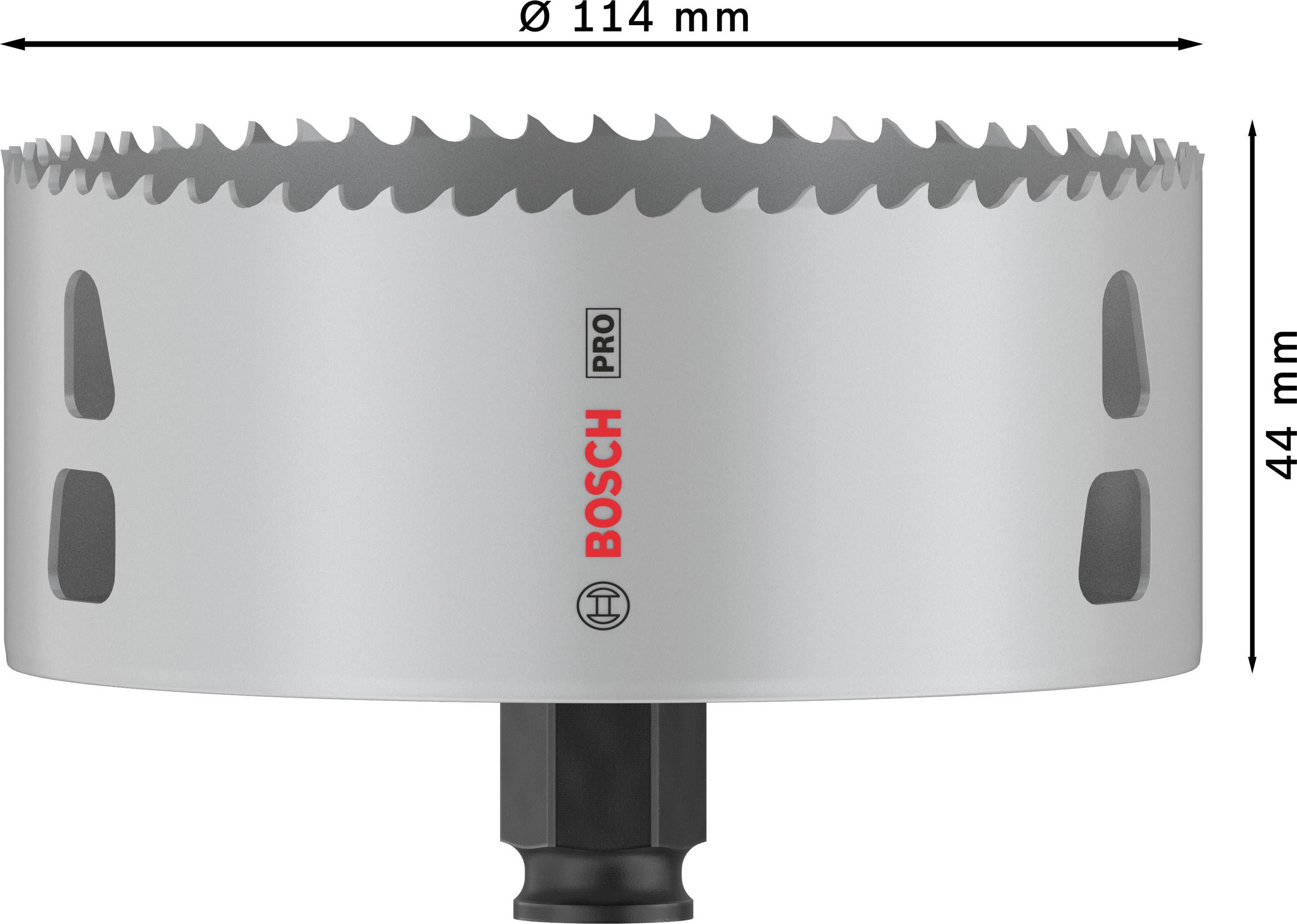 Metal-hulsav med en diameter på 114 mm og en højde på 44 mm, mærket med 'Bosch Pro'.