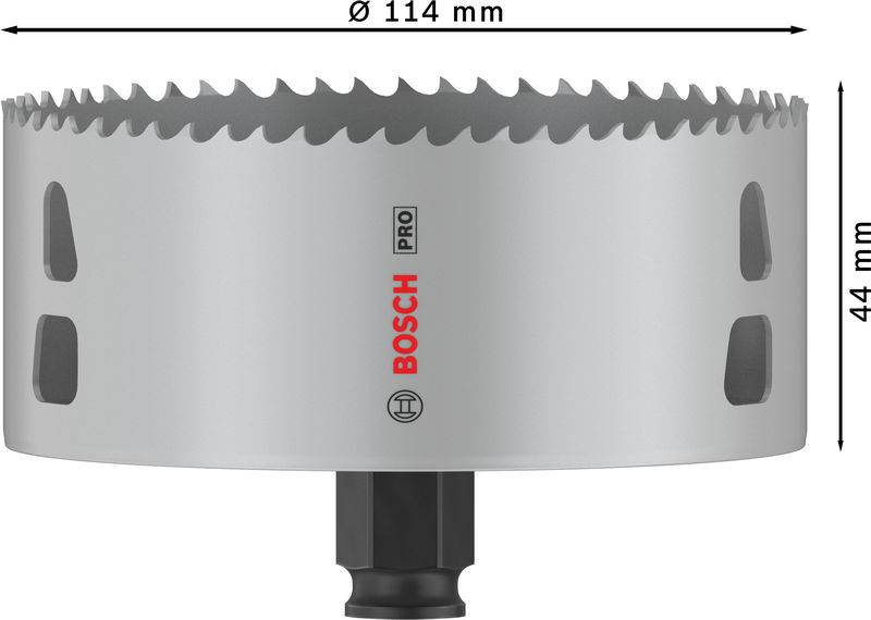 Hulsav fra Bosch, diameter 114 mm, højde 44 mm, ideel til præcise boreopgaver.
