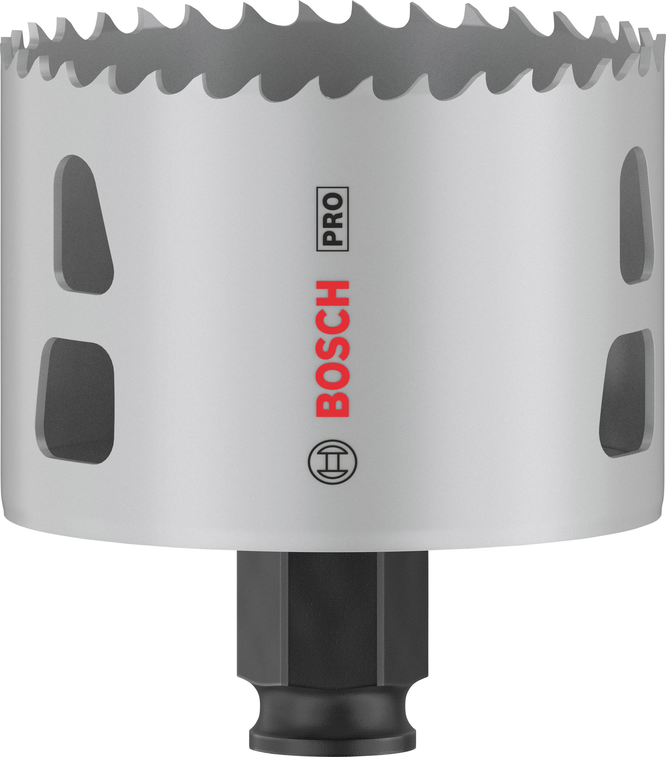 En sølvfarvet hulsav med skarpe tænder og påskriften 'BOSCH PRO'. Den er designet til præcis boring i forskellige materialer.