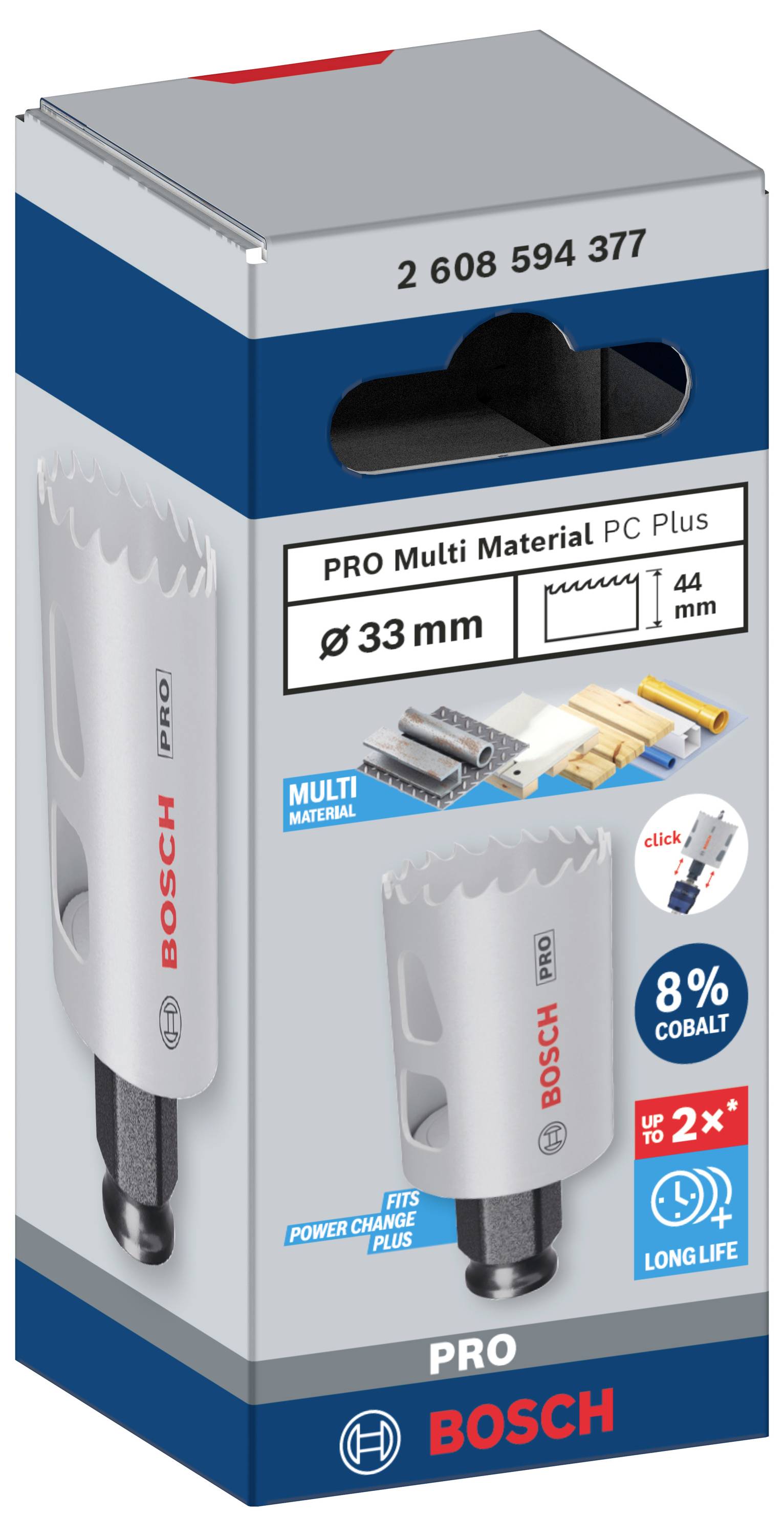 Bosch boresæt-emballage. Viser multimateriale-bor på 33 mm med 8% kobolt. Egnet til forskellige materialer.