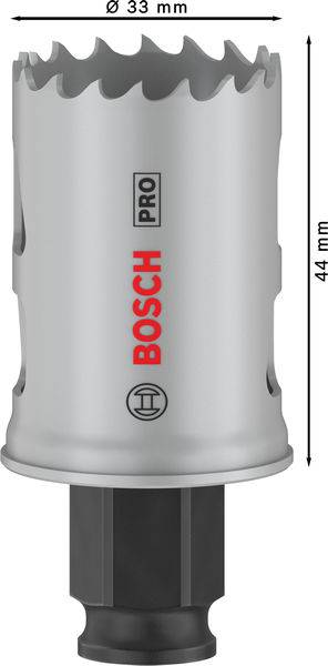 Bosch-borehovede, diameter 33 mm, længde 44 mm, sølvfarvet.