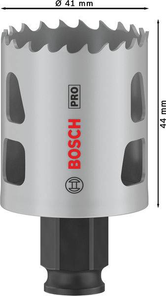 Sølvfarvet hulsav med 'Bosch Pro' påtryk, 41 mm diameter, 44 mm længde. Designet til præcis boring i forskellige materialer.