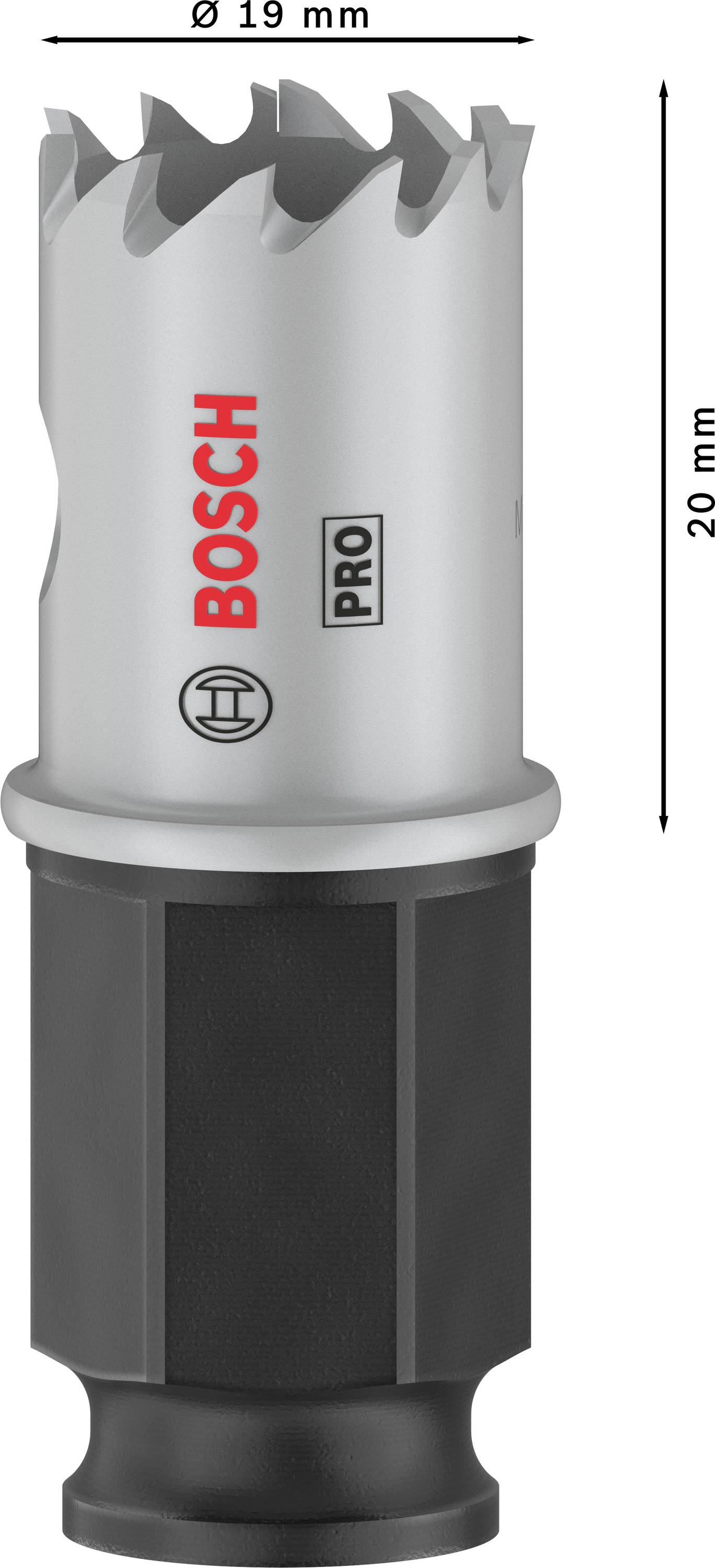 Borekrone 'Bosch Pro' med 19 mm diameter og 20 mm længde; egnet til præcis boring.
