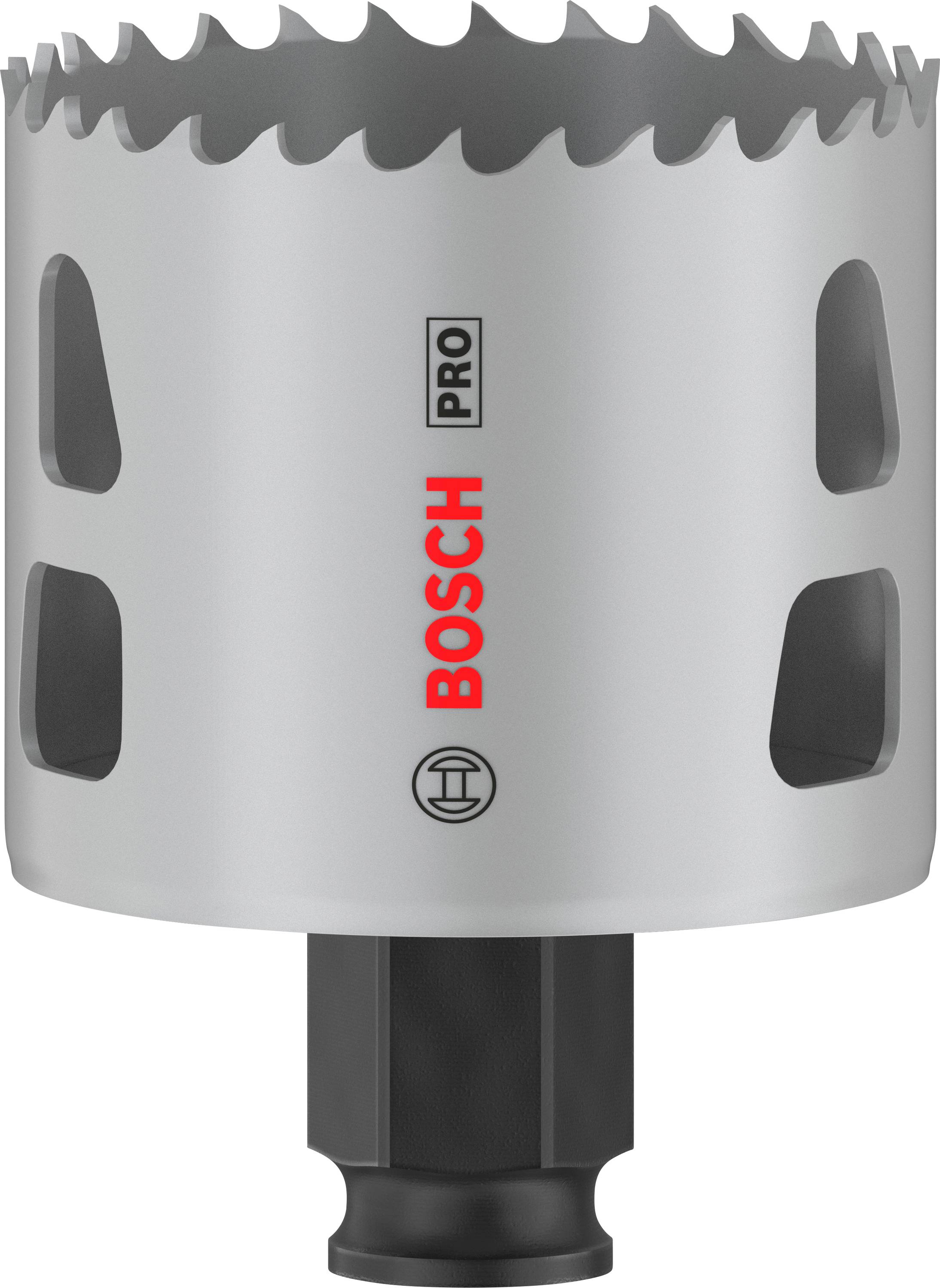 Sølv Bosch Pro hulsav med savtakket kant og sort metalbase, velegnet til præcise boreoperationer.