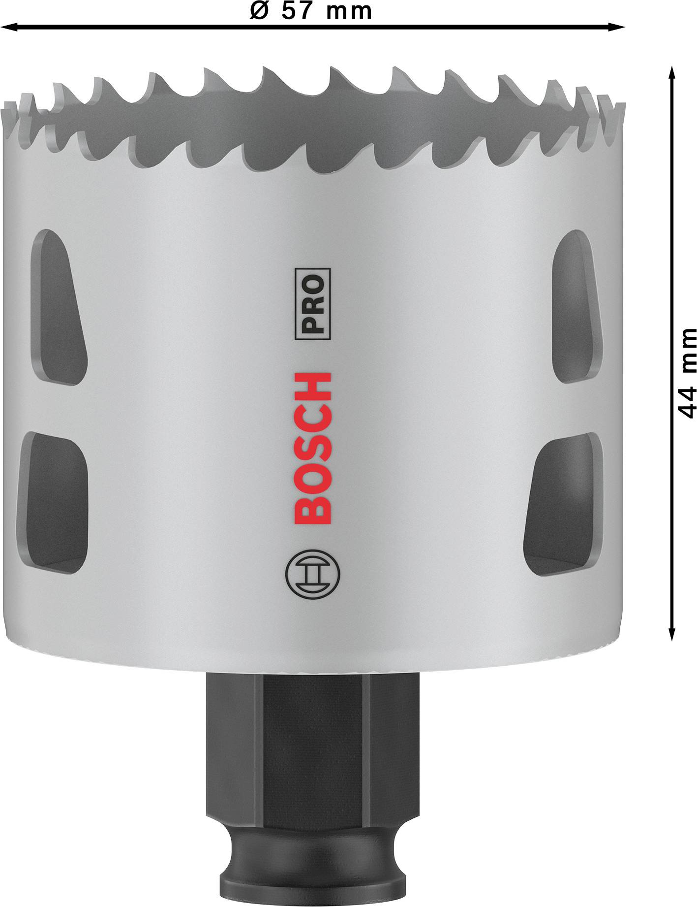 Hulsav fra BOSCH Pro, diameter 57 mm, højde 44 mm, egnet til præcisionsboringer i forskellige materialer.