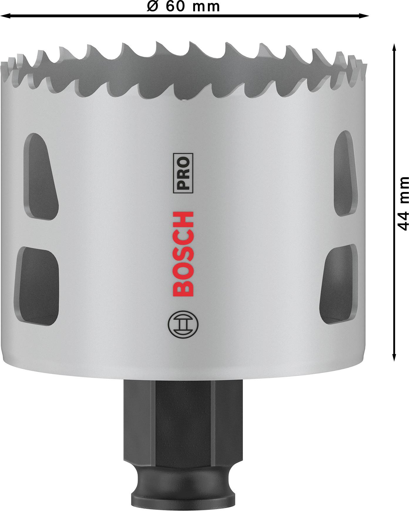 'Bosch Pro hulsav', diameter 60 mm, højde 44 mm, til præcis boring i metal. Borekrone med tænder og ventilationsåbninger.