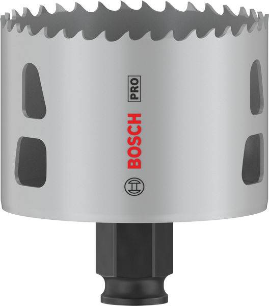 Metalsavklinge med grå overflade, savtakket kant og rødt 'Bosch Pro'-logo, velegnet til præcis boring.