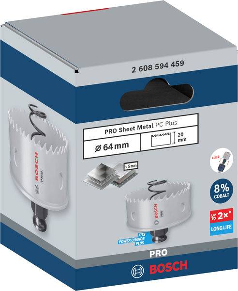 Emballage til Bosch hulsav PRO til metal, diameter 64 mm, med 8% koboltindhold for lang levetid.