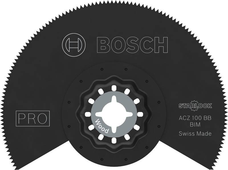 Sort Bosch-savklinge med påskriften 'Wood'. Model: ACZ 100 BB BIM. Schweizisk fremstilling. Ideel til træbehandling.