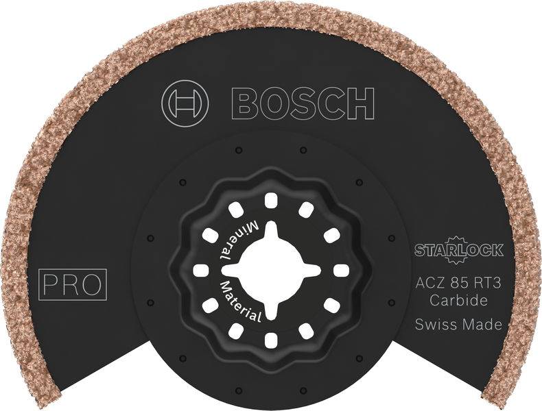 Multitool-savklinge fra Bosch, type Starlock, ACZ 85 RT3. Cirkulær form med takkede kanter og etiketoplysninger. Swiss Made.